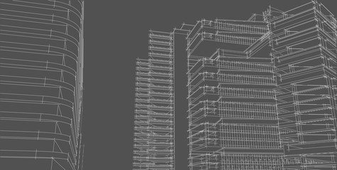 3D illustration architecture building perspective lines.