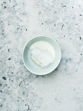 White fish with sauce and stone background