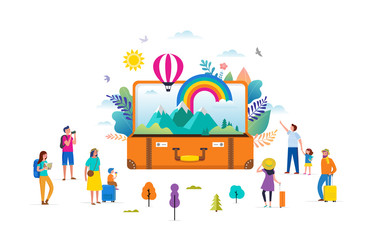 Travel, tourism, adventure scene with open suitcase, leaves, rainbow and miniature people, modern flat style. Vector illustration