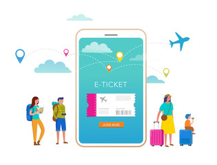 Travel, tourism, adventure scene with smartphone and miniature people, tourists in modern flat style. Vector illustration