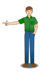 A young man in a shirt and trousers shows to the side, stands and smiles.