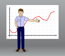 man stands on the background of the line chart, shows the chart with his hand.