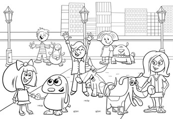 cartoon kids with dogs coloring page