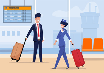 Stewardess at Airport Comes with Suitcase Flat.