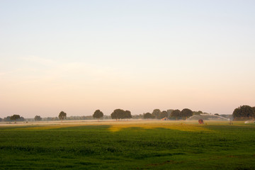Fototapeta na wymiar Pola na wsi z rana podczas mgły i wschodu słońca