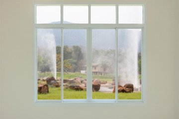 Modern house window with hot spring background