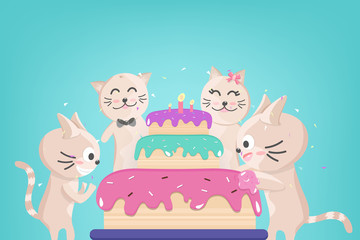 Happy Birthday cake, cute kitten family celebration, confetti falling for party, adorable animal, cat cartoon characters collection holiday background vector illustration