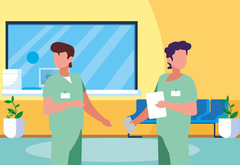 male medicine workers in clinic reception
