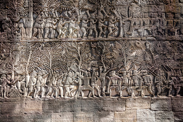 Bas reliefs at Bayon temple depicting the battles between Khmers and their traditional enemies the Chams, Angkor Thom, Siem Reap, Cambodia
