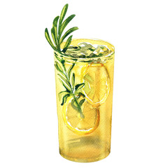 Glass of refreshing cocktail, fresh lemon drink with lemon, rosemary, gin tonic, lemonade, beverage, isolated, hand drawn watercolor illustration on white background - obrazy, fototapety, plakaty