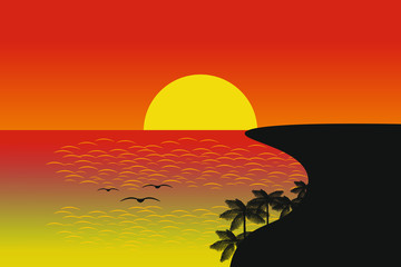 Red sunset on the beach, palm trees and clear sky. The background of  sea and ocean landscape, ripples on the water.