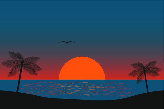 Night on the beach and palm trees. Sunrise of the red moon and clear sky. Seascape, ocean and ripples on the water.