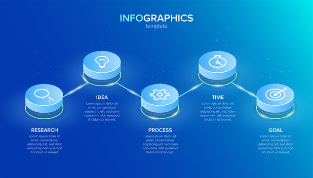 Isometric Infographic Label Template With Icons. 5 Options Or Steps. Infographics For Business Concept. Can Be Used For Info Graphics, Flow Charts, Presentations, Web Sites, Banners.