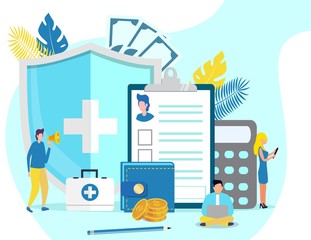 Healthcare insurance vector concept, people with doctor fill health online form insurance. It can be used for landing page, template, ui, web, mobile app, poster, banner, flyer.