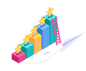 Isometric review concept. A visual display of a rating or review of a product or service. Stars on three-dimensional graphics. Vector illustration in modern style isolated on white background.