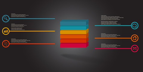 3D illustration infographic template with embossed cube divided to six parts