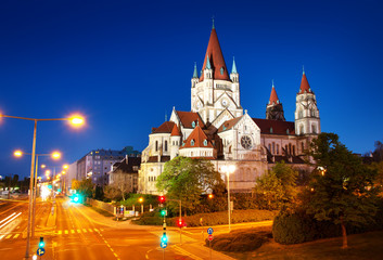 Fototapeta premium Saint Francis of Assisi Church on Danube in Vienna, Austria at night