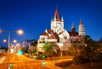 Fototapeta na wymiar Saint Francis of Assisi Church on Danube in Vienna, Austria at night