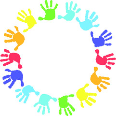 Children's hands, circle, kid handprint, baby palms, watercolor. 14 hand print in rainbow colors. Round frame on a white background.
