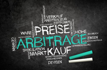 Arbitrage - Stichwortwolke auf Schultafel