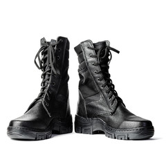 Black high boots. Army laced boots. Isolated on white background