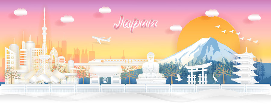 Panorama Japan Travel Postcard, Poster, Banner, Tour Advertising Template. Famous Landmark and Attraction in Japan in Paper Cut Style and Sunset Background with City Scene and Landscape Vector