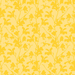 Seamless pattern with magnolia tree blossom. Yellow floral background with branch and magnolia flower. Spring design with big floral elements. Hand drawn botanical illustration.