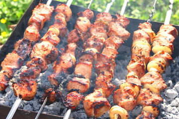 Barbecue skewers with juicy appetizing delicious meat closeup