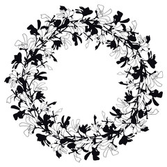Floral frame with magnolia tree blossom in black and white. Background with branch and magnolia flower. Spring wreath design with floral elements. Hand drawn botanical illustration.