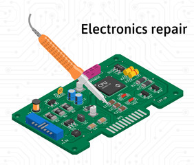 Vector isometric printed circuit board with soldering iron. Electronics repair.