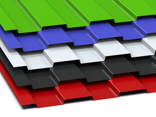 Steel profiled multi-colored sheets stacked in a stack. Sale of steel assortment. 3D Rendering