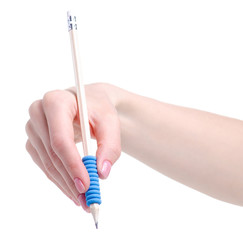 Pencil with a rubber in hand on a white background. Isolation