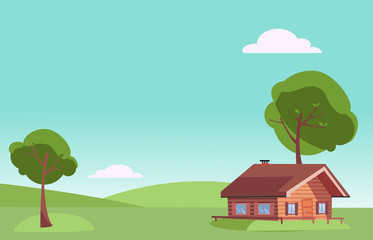 Vector flat fair weather summer landscape with small country wooden house and green trees on the green grass hills. Warm summer background in cartoon style. Free space for your text