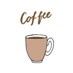 Vector illustration on white background. A Cup of tea and a kettle on the table. Tea time.