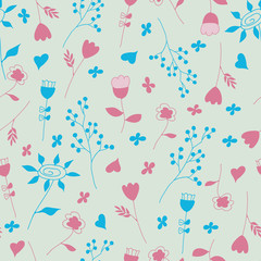 Seamless Pattern with Hearts and Flowers
