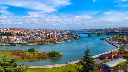 Panoramic view of Istanbul from Pierre Loti Hill (Tepesi). Beautiful day time cityscape with Golden...