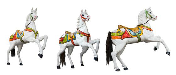 Funfair circus carousel canival. White horses small set on white background © Julia