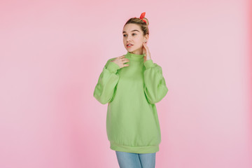 Colorful girl on a pink background
