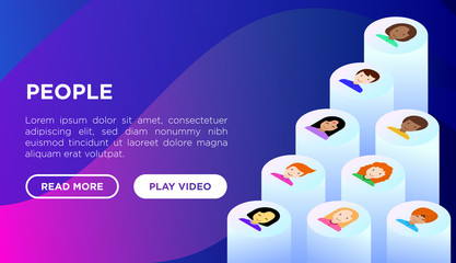 People web page template with flat isometric icons: smiling cartoon male and female heads. Avatars of people with different races: caucasian, asian, african, hindu. Modern vector illustration.