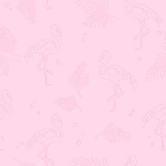 Tropical seamless pattern with flamingo and leaves. Soft summer background. Exotic hand drawn illustration