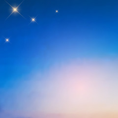 Bright stars in the pre-dawn sky, a beautiful blurred transition from saturated blue to pale pink, vector.