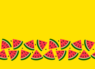 Fototapeta na wymiar Slices of watermelon on a yellow background. Summer seamless texture with space for text. flat isolated vector illustration for web and print