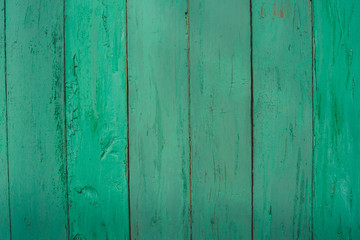 Fototapeta na wymiar Background of green flaky wood Backdrop of green colored wooden panels with aged flaky surface