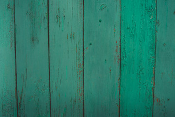 Fototapeta na wymiar Background of green flaky wood Backdrop of green colored wooden panels with aged flaky surface