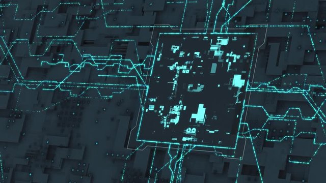 close up view of an abstract circuit board with a cpu and data flow (3d render)