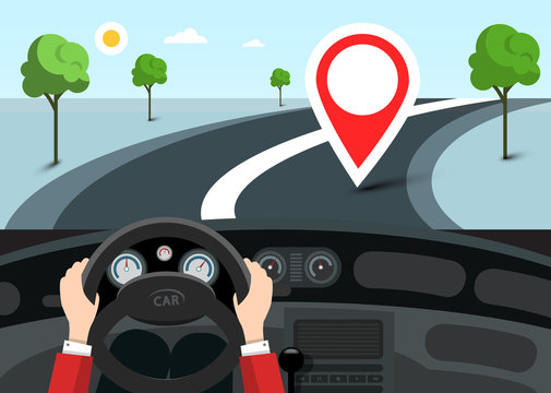 Car Navigation with Red Pin on Destination Point. Vector Flat Design Landscape with Road and Hands on Steering Wheel.