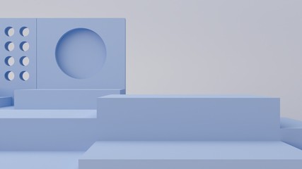 Blue shapes on grey abstract background. Minimal boxes and blue pastel colorspodium. Scene with geometrical forms. Empty showcase for cosmetic product presentation. Fashion magazine. 3d render. 