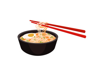 Japanese noodles with eggs and vegetables. Vector illustration.