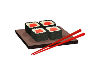 Japanese rolls on the board with chopsticks. Vector illustration.