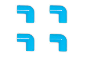Four PVC blue pipe elbow 90 isolated white background.